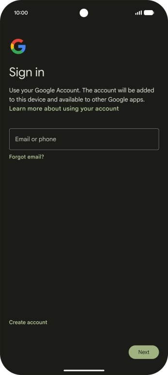 If you don't have a Google account, press Create account and follow the instructions on the screen to create an account.