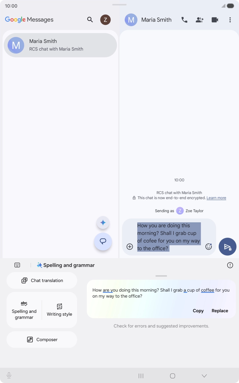 To check your text for grammatical and spelling errors, press Spelling and grammar and follow the instructions on the screen to use the function.