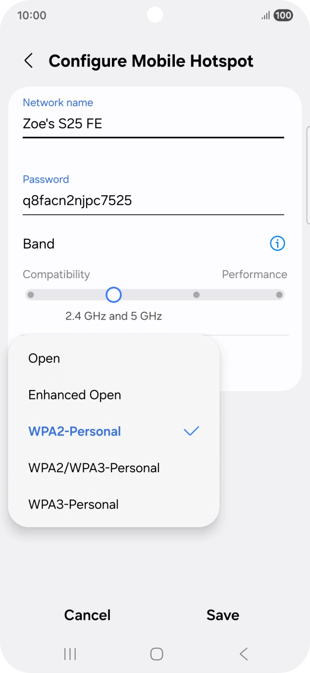 Press WPA3-Personal to password protect your Wi-Fi hotspot.