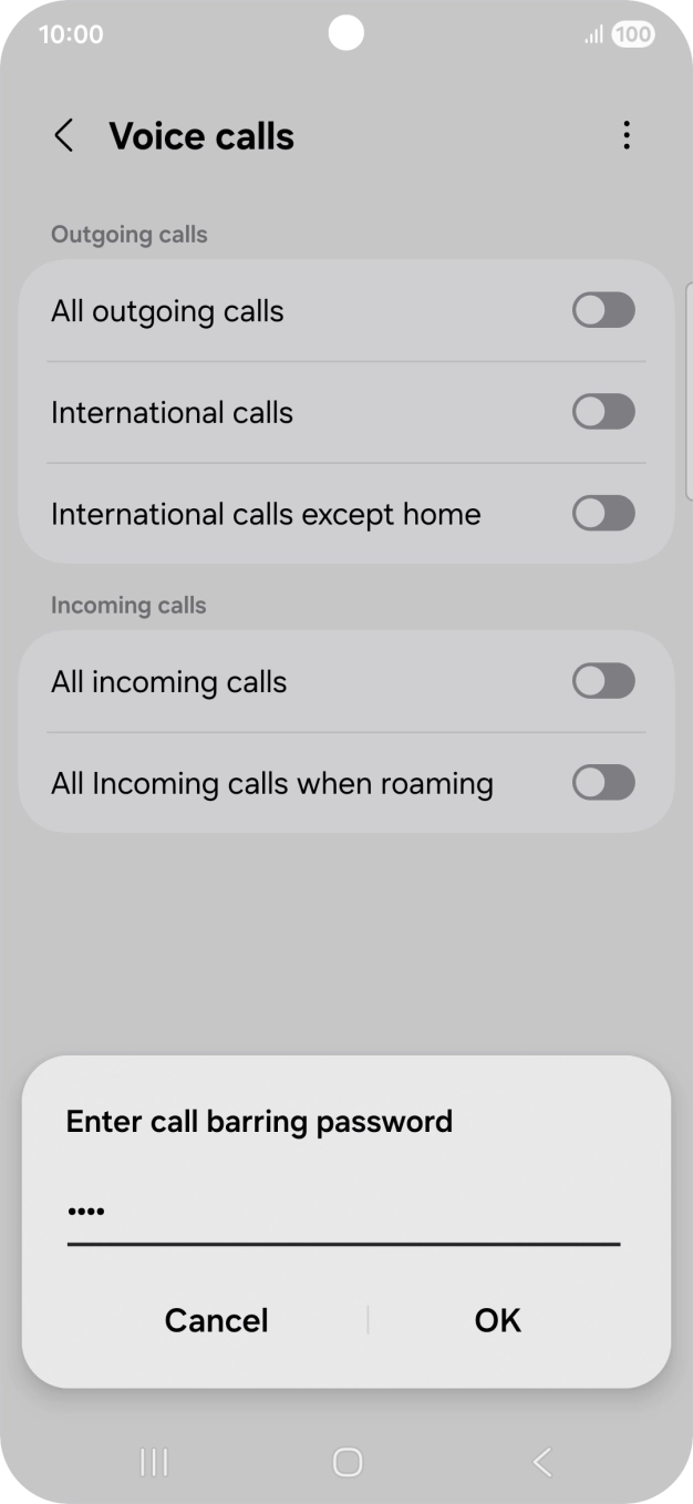Key in your call barring password and press OK.
