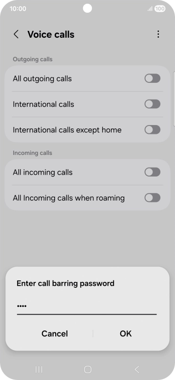 Key in your call barring password and press OK.