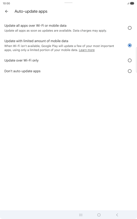 To turn on automatic update of apps using mobile network, press Update all apps over Wi-Fi or mobile data.