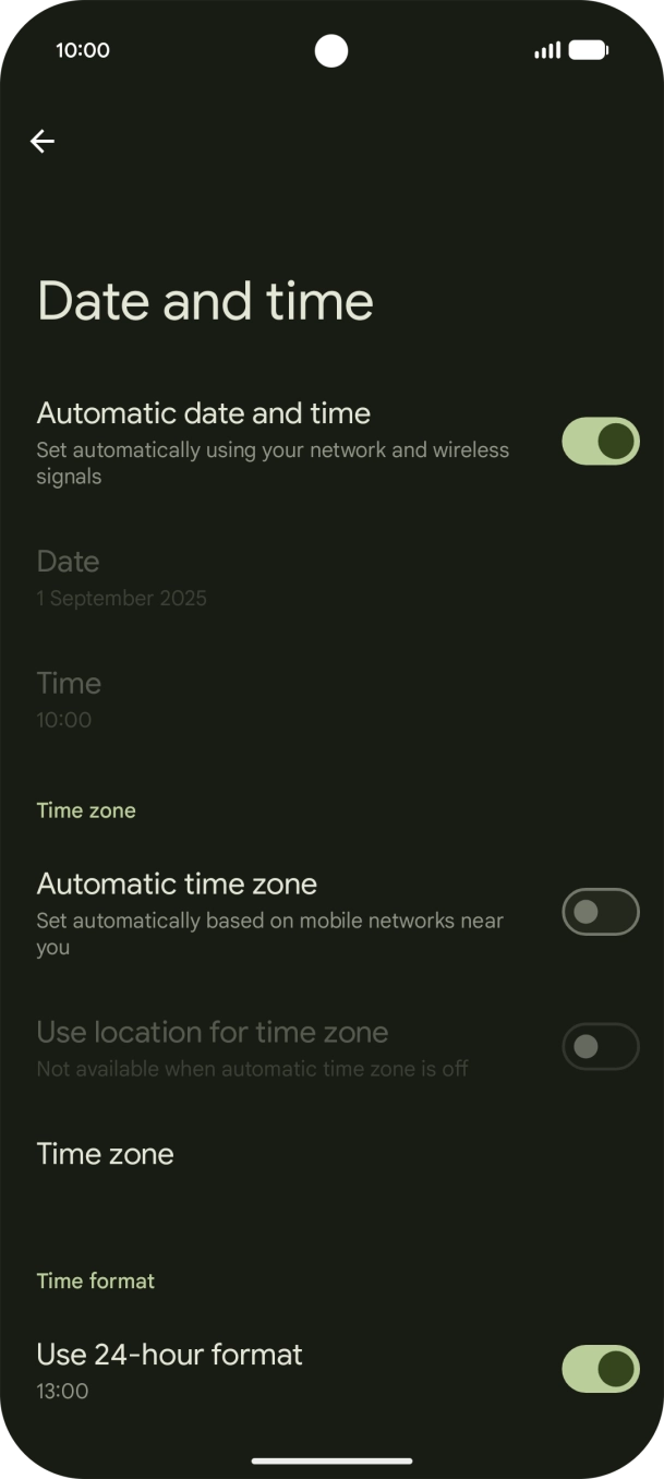 Press the indicator next to 'Automatic time zone' to turn on the function.