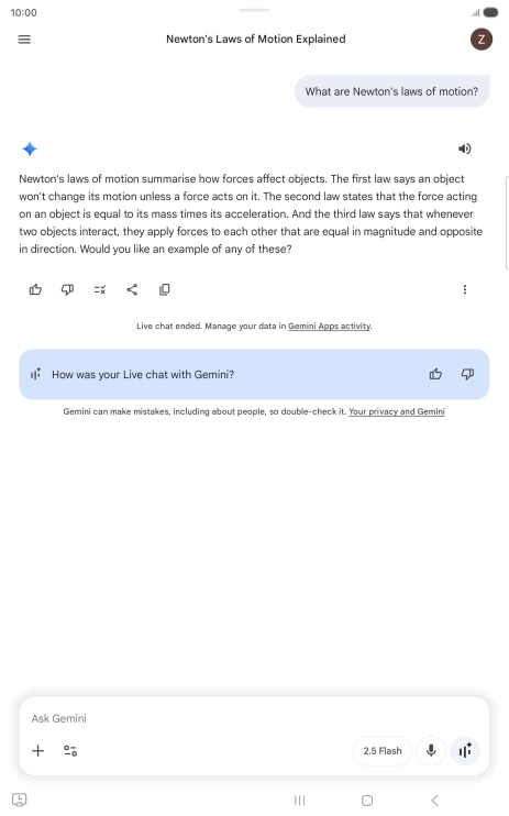 Transcription of the conversation with Gemini Live is now displayed.
