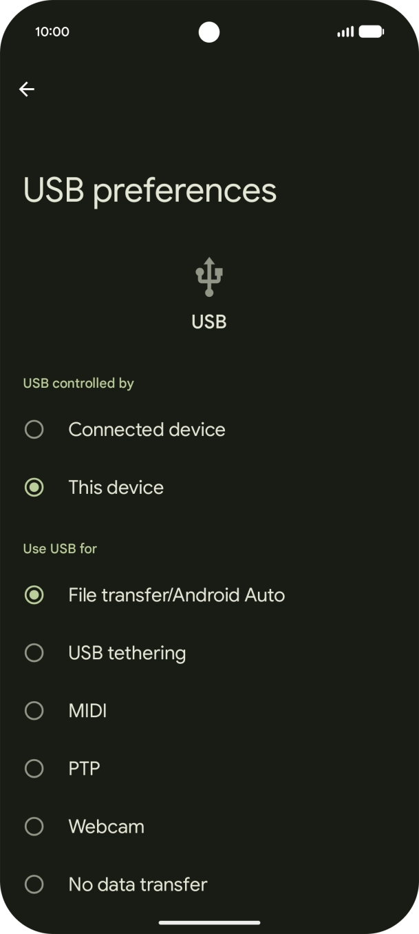 Press File transfer/Android Auto. Press File transfer/Android Auto.