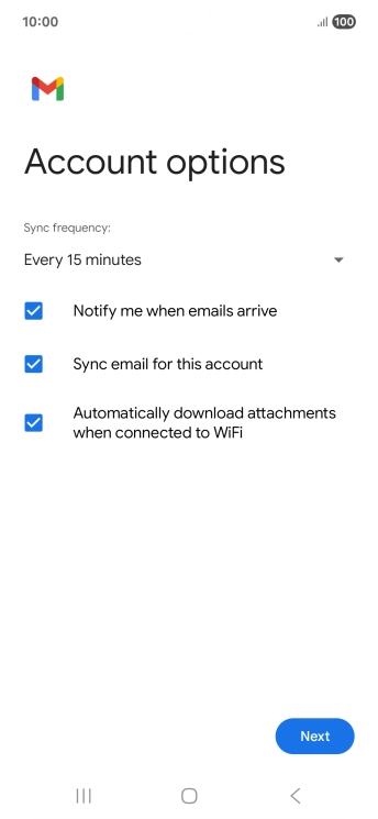 If this screen is displayed, your email account has been recognised and set up automatically. Follow the instructions on the screen to key in more information and finish setting up your phone.