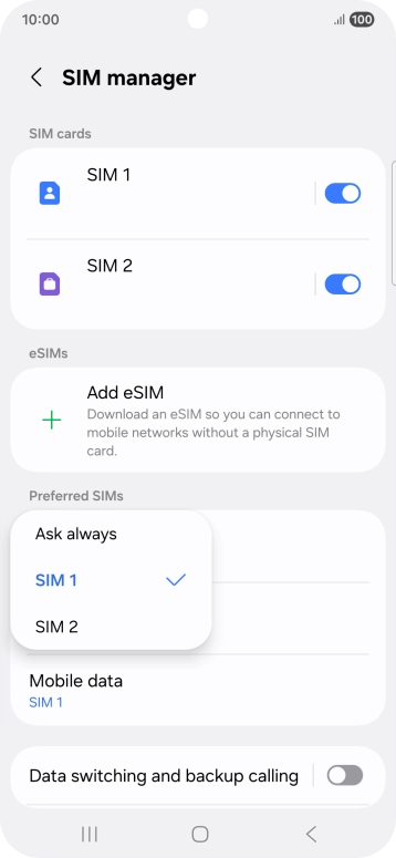 Press the required setting.