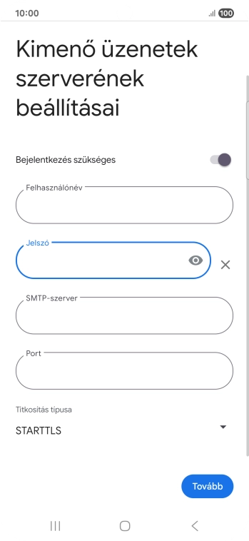 Kattints az „SMTP-szerver” alatti mezőre, és írd be az e-mail szolgáltatód kimenő szerverének a nevét.