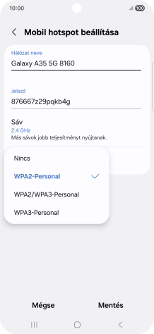 Válaszd a WPA3-Personal lehetőséget, ha jelszóval szeretnéd védeni a Wi-Fi hotspotodat.