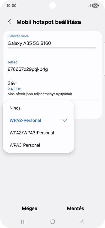 Válaszd a WPA3-Personal lehetőséget, ha jelszóval szeretnéd védeni a Wi-Fi hotspotodat.
