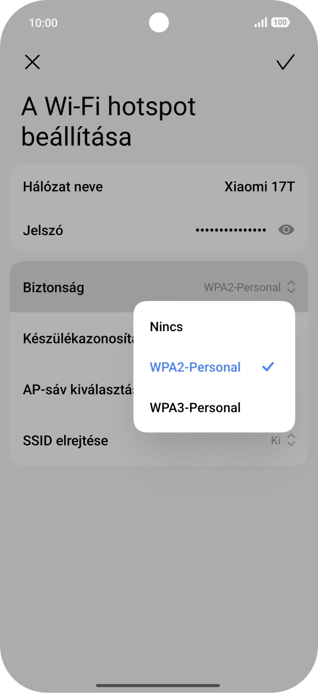 Válaszd a WPA3-Personal lehetőséget, ha jelszóval szeretnéd védeni a Wi-Fi hotspotodat. Válaszd a WPA3-Personal lehetőséget, ha jelszóval szeretnéd védeni a Wi-Fi hotspotodat.