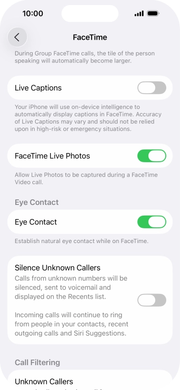 Press the indicator next to 'FaceTime Live Photos' to turn the function on or off. Press the indicator next to 'FaceTime Live Photos' to turn the function on or off.