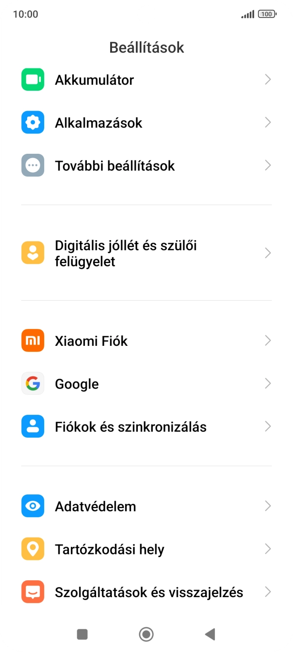 Válaszd a Fiókok és szinkronizálás lehetőséget. Válaszd a Fiókok és szinkronizálás lehetőséget.