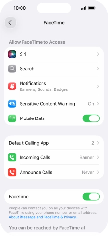 Press the indicator next to 'FaceTime' to turn the function on or off. Press the indicator next to 'FaceTime' to turn the function on or off.