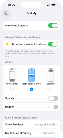 Press the indicator next to 'Allow Notifications' to turn notifications for the selected application on or off. Press the indicator next to 'Allow Notifications' to turn notifications for the selected application on or off.