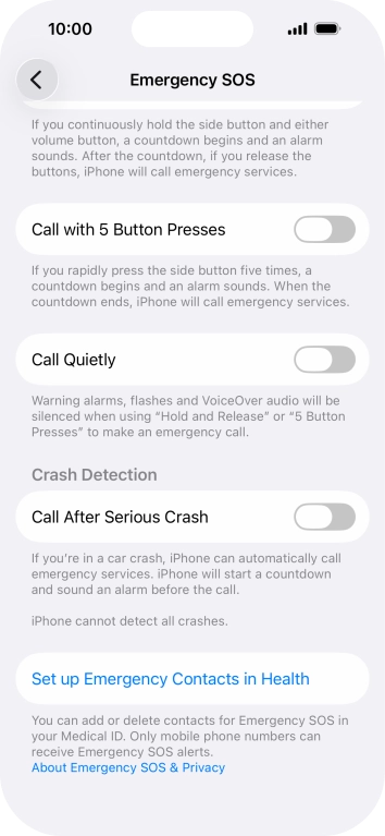 Press the indicator next to 'Call After Serious Crash' to turn on the function.