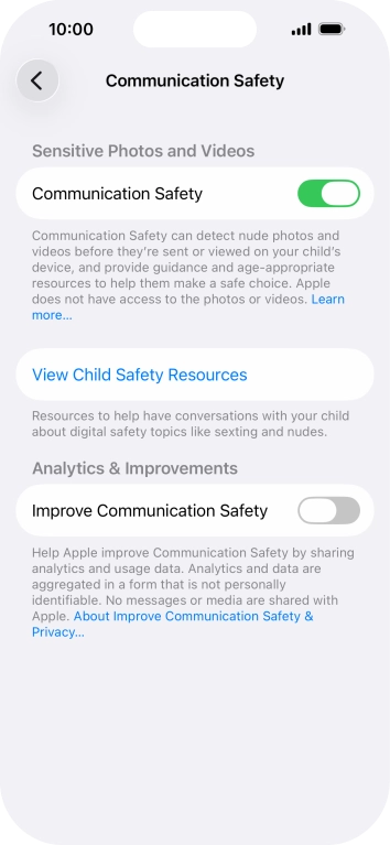 Press the indicator next to 'Communication Safety' to turn the function on or off. Press the indicator next to 'Communication Safety' to turn the function on or off.