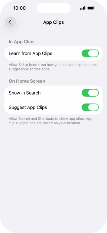 Press the indicators next to the required settings to turn them on or off.