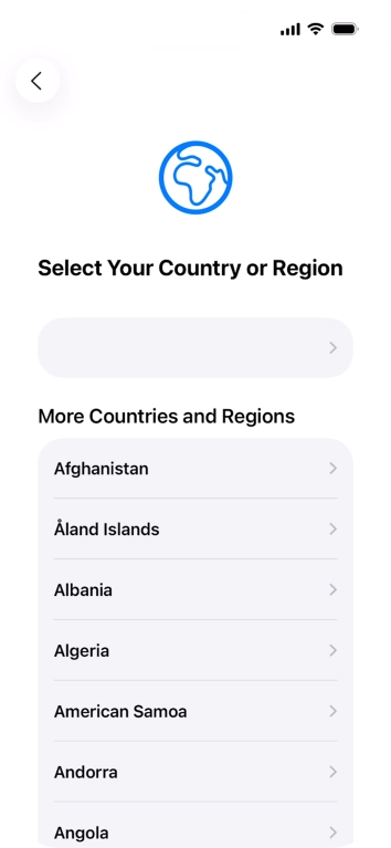 Press the required country or area. Press the required country or area.