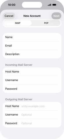 Press Host Name and key in the name of your email provider's outgoing server. Press Host Name and key in the name of your email provider's outgoing server.