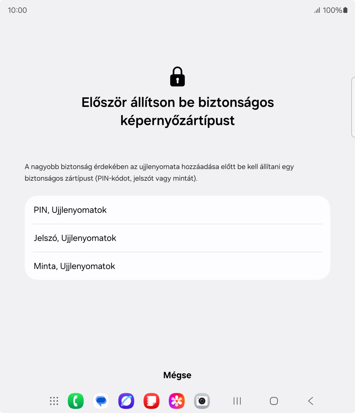 Válaszd ki a kívánt képernyőzárkódot, és kövesd a kijelzőn megjelenő utasításokat egy extra képernyőzár létrehozásához. Válaszd ki a kívánt képernyőzárkódot, és kövesd a kijelzőn megjelenő utasításokat egy extra képernyőzár létrehozásához.