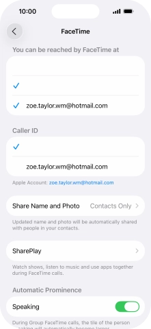 Press the required setting below 'You can be reached by FaceTime at'. Press the required setting below 'You can be reached by FaceTime at'.