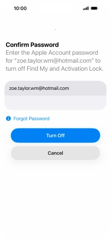 Key in the password for your Apple Account and press Turn Off. Wait a moment while the factory settings are restored. Follow the instructions on the screen to set up your phone and prepare it for use.