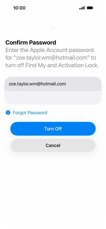 Key in the password for your Apple Account and press Turn Off. Wait a moment while the factory settings are restored. Follow the instructions on the screen to set up your phone and prepare it for use.