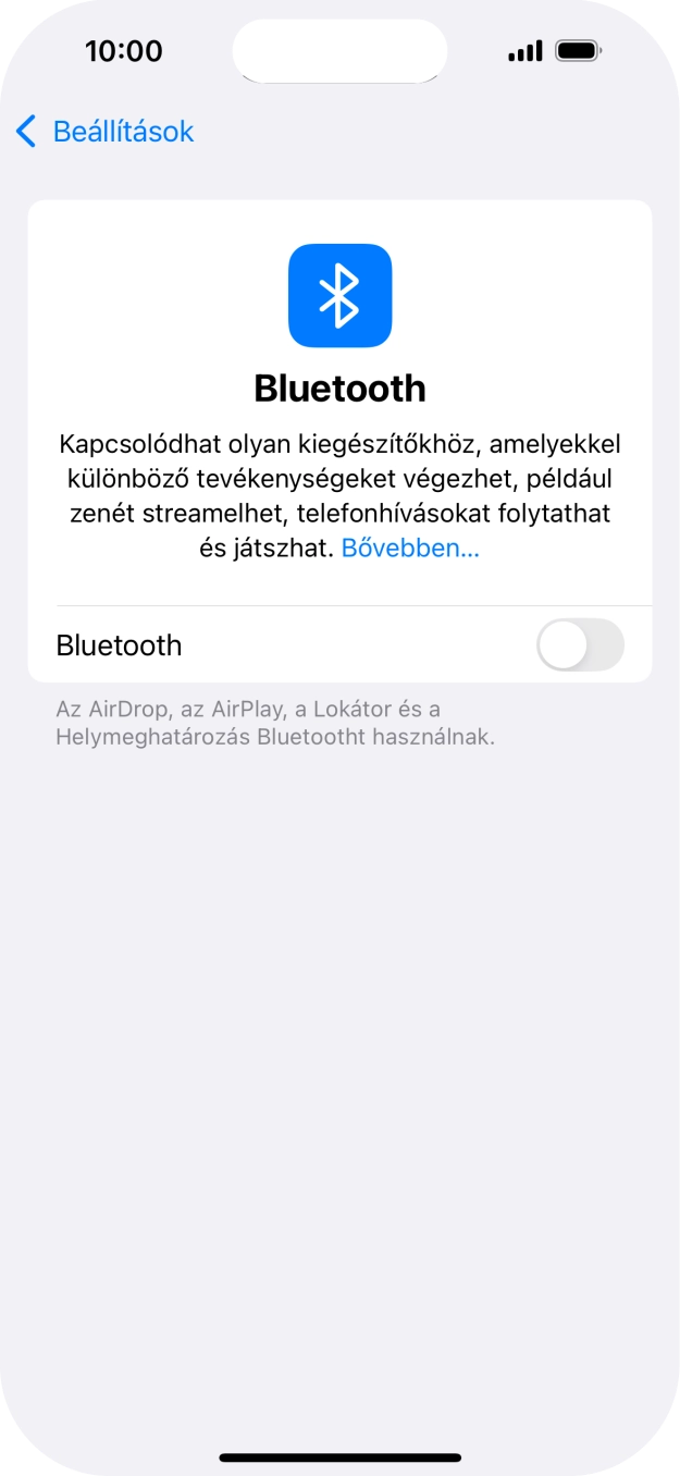 Kattints a „Bluetooth” melletti csúszkára a funkció bekapcsolásához. Kattints a „Bluetooth” melletti csúszkára a funkció bekapcsolásához.