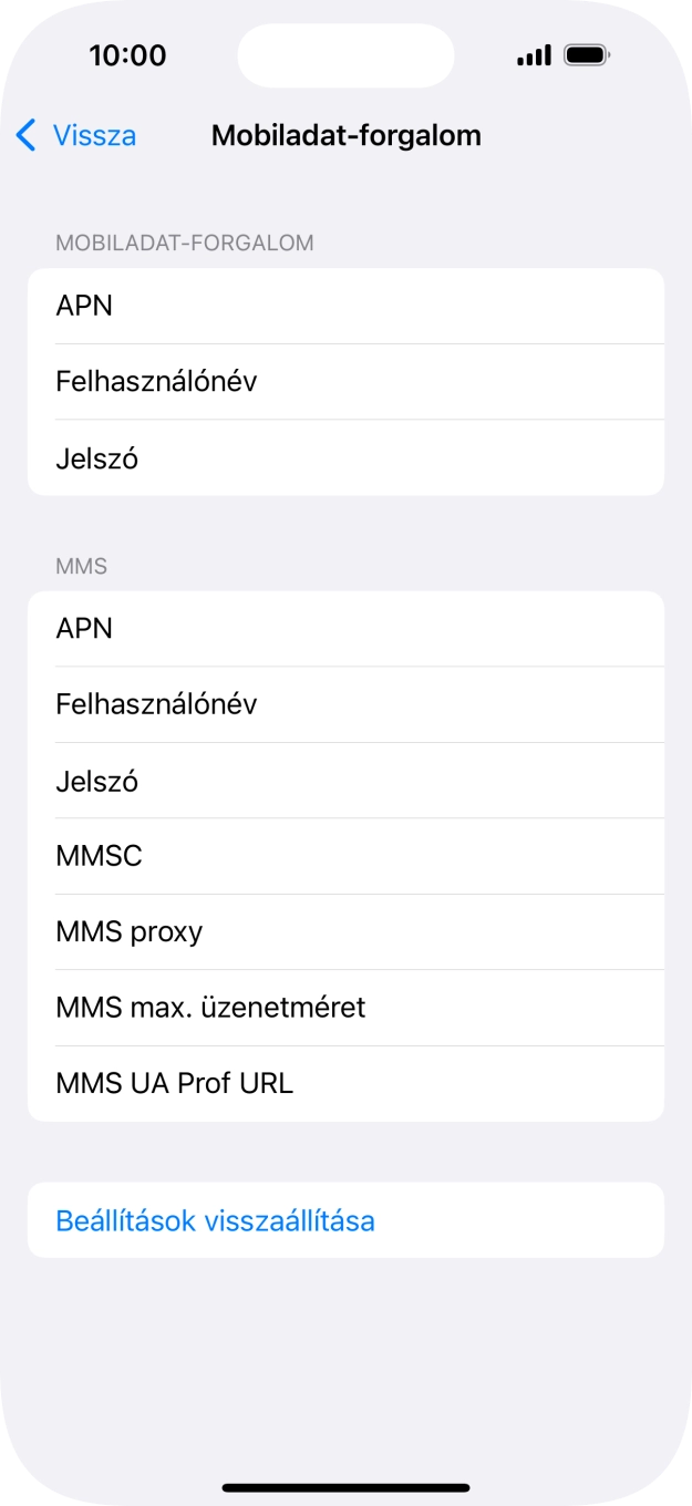Válaszd az APN lehetőséget. Amennyiben előfizetésed van, írd be azt, hogy mms.