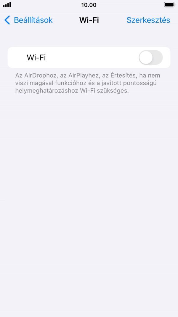 Kattints a „Wi-Fi” melletti csúszkára a funkció bekapcsolásához. Kattints a „Wi-Fi” melletti csúszkára a funkció bekapcsolásához.