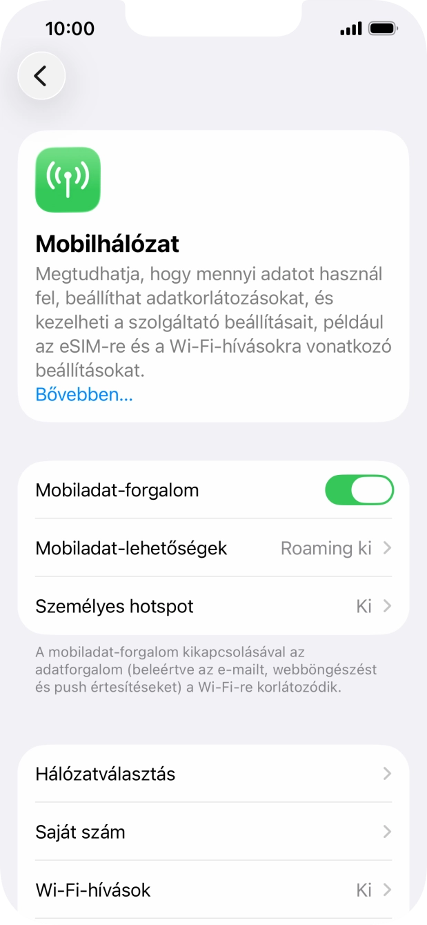 Kattints a „Mobiladat-forgalom” melletti csúszkára a funkció be- vagy kikapcsolásához. Kattints a „Mobiladat-forgalom” melletti csúszkára a funkció be- vagy kikapcsolásához.