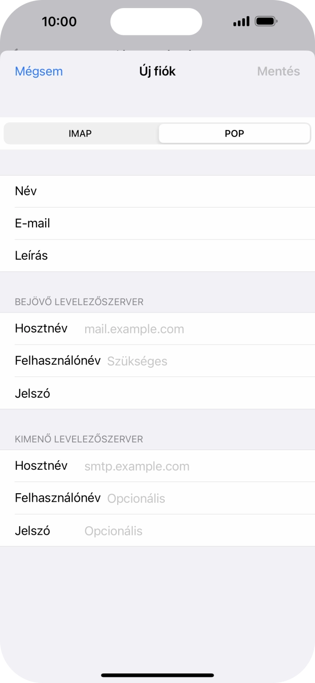 Kattints a Hosztnév mezőre, és írd be az e-mail szolgáltatód bejövő szerverének a nevét.