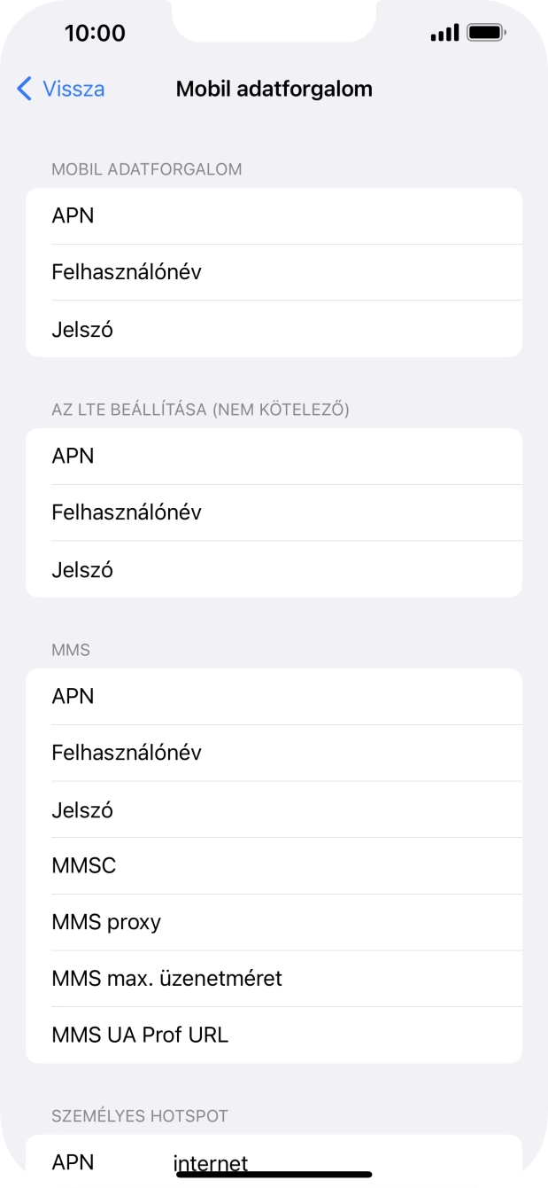 Válaszd az APN lehetőséget. Amennyiben előfizetésed van, írd be azt, hogy internet.