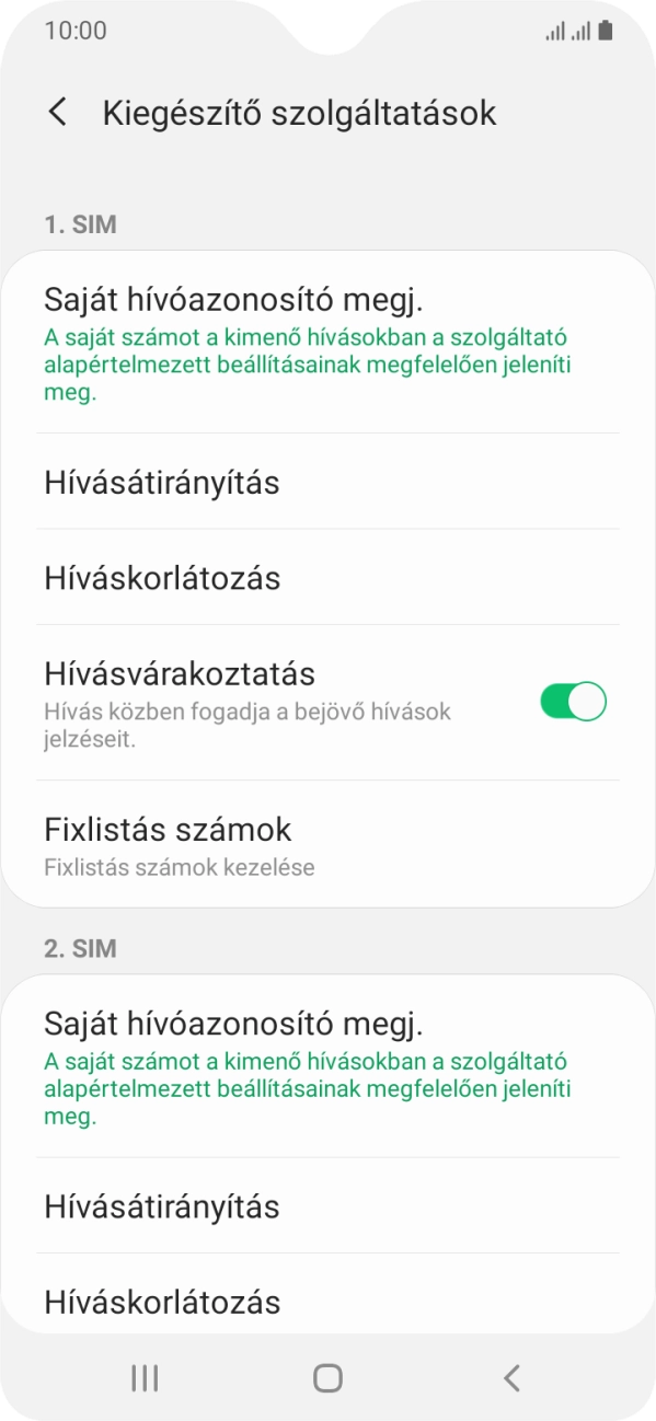 Kattints a kiválasztott SIM-kártya alatt található „Hívásvárakoztatás” melletti csúszkára a funkció be- vagy kikapcsolásához. Kattints a kiválasztott SIM-kártya alatt található „Hívásvárakoztatás” melletti csúszkára a funkció be- vagy kikapcsolásához.