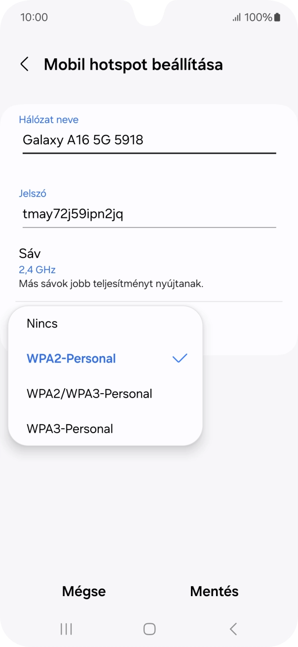 Válaszd a WPA3-Personal lehetőséget, ha jelszóval szeretnéd védeni a Wi-Fi hotspotodat. Válaszd a WPA3-Personal lehetőséget, ha jelszóval szeretnéd védeni a Wi-Fi hotspotodat.