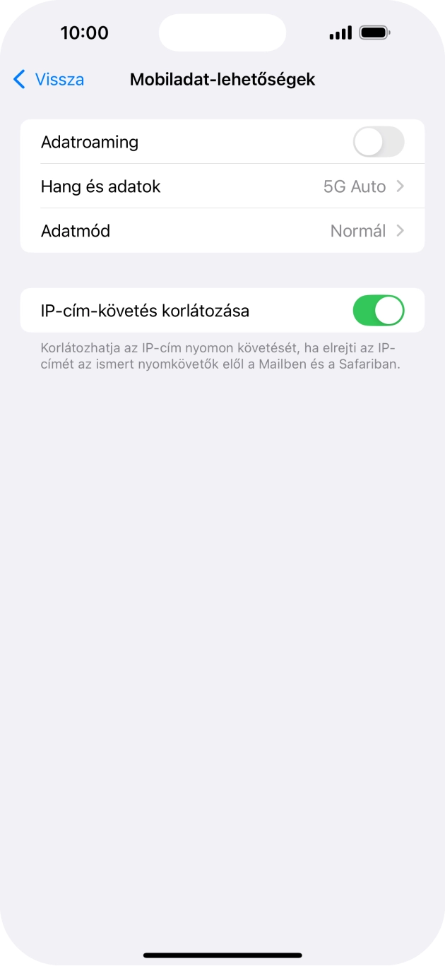 Kattints az „Adatroaming” melletti csúszkára a funkció be- vagy kikapcsolásához. Kattints az „Adatroaming” melletti csúszkára a funkció be- vagy kikapcsolásához.
