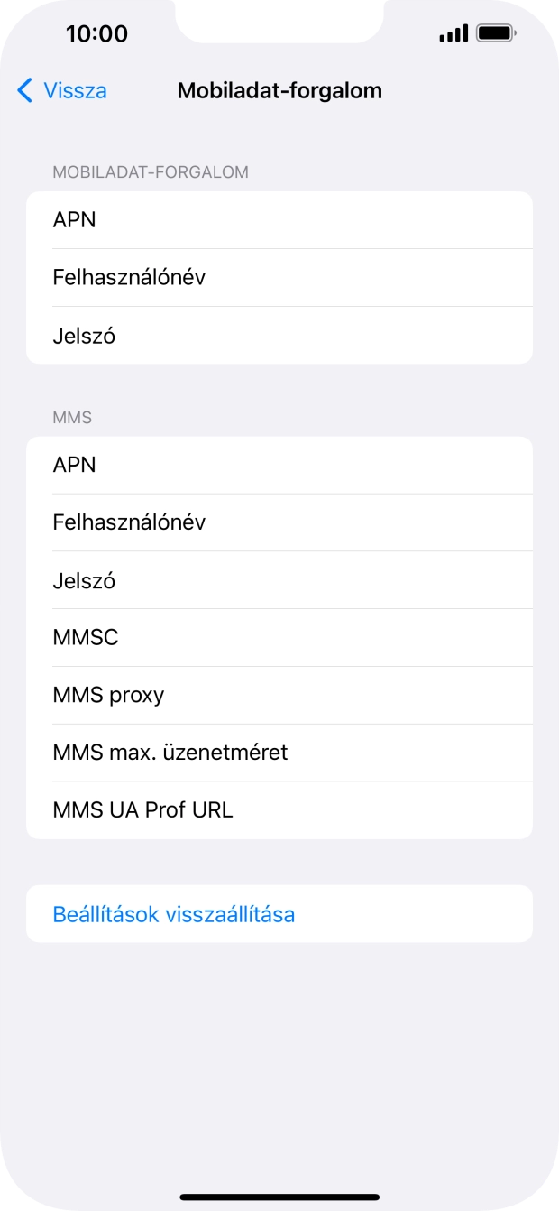 Válaszd az APN lehetőséget. Amennyiben előfizetésed van, írd be azt, hogy mms.