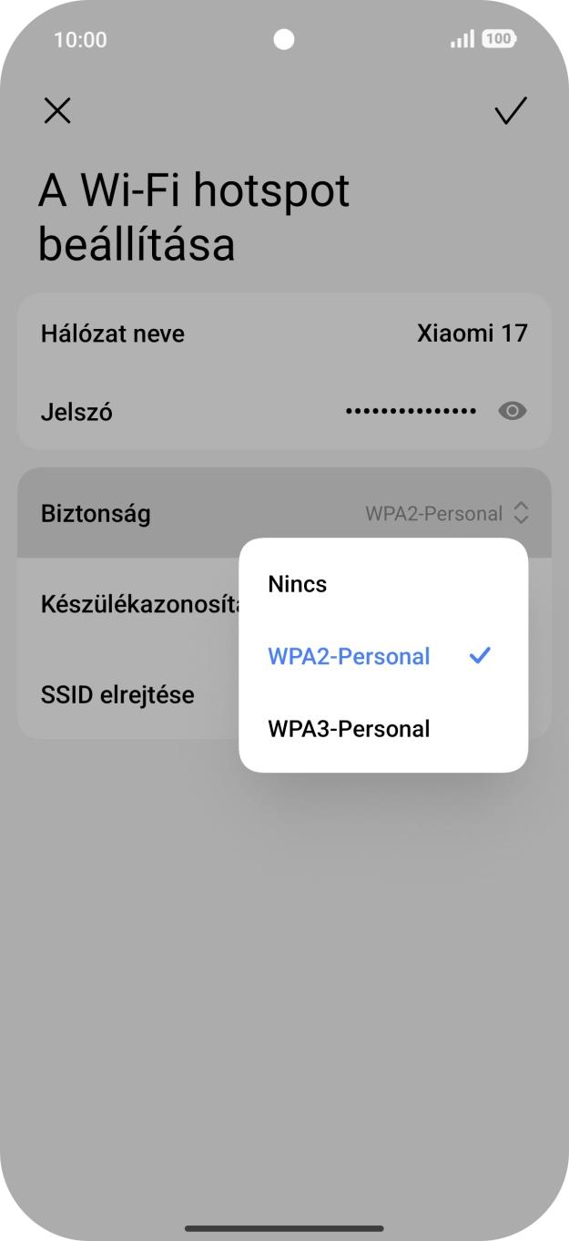 Válaszd a WPA3-Personal lehetőséget, ha jelszóval szeretnéd védeni a Wi-Fi hotspotodat.