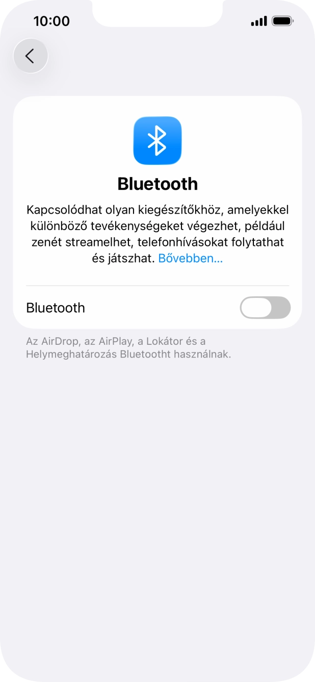 Kattints a „Bluetooth” melletti csúszkára a funkció bekapcsolásához. Kattints a „Bluetooth” melletti csúszkára a funkció bekapcsolásához.