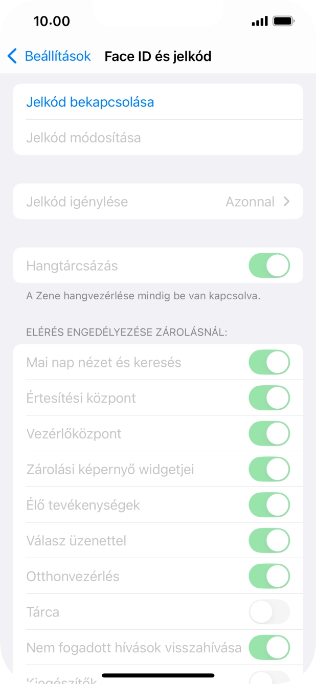 Válaszd a Jelkód bekapcsolása lehetőséget, és írj be kétszer egymás után egy tetszőleges képernyőzárkódot.
