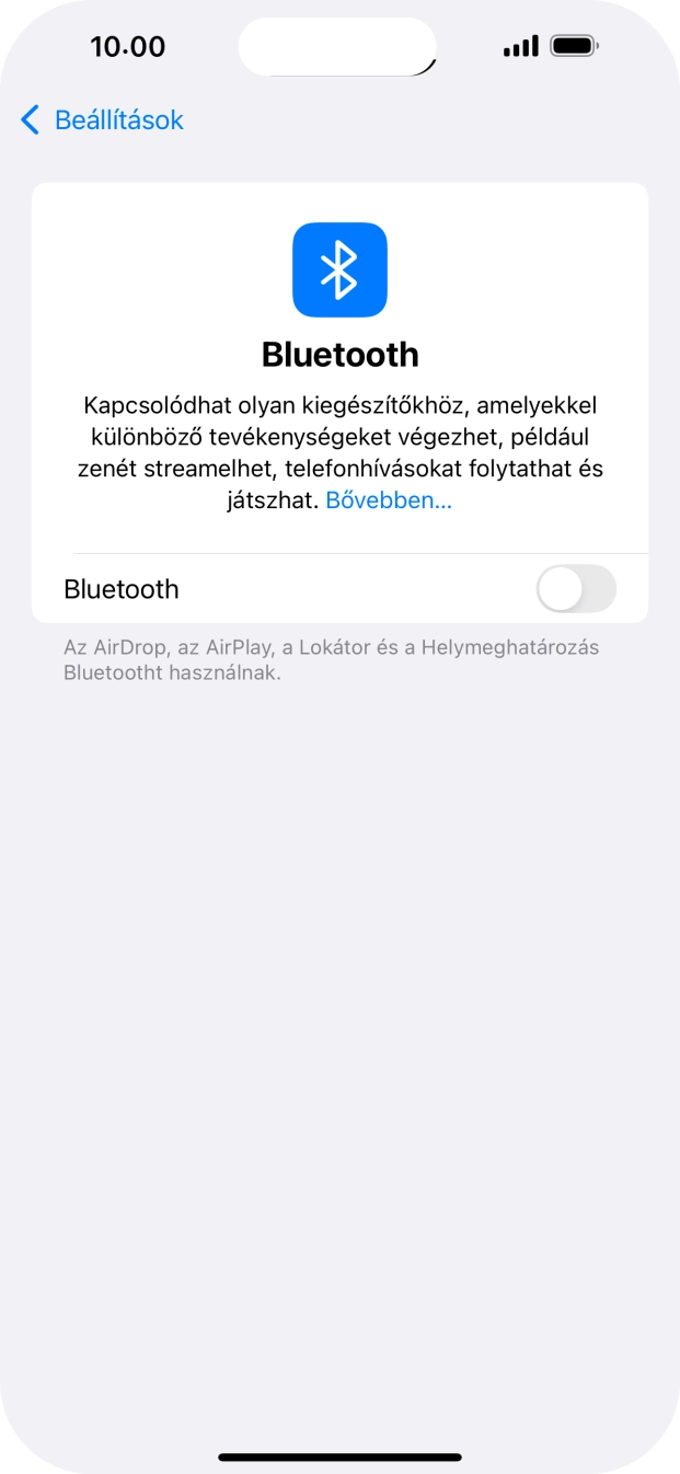Kattints a „Bluetooth” melletti csúszkára a funkció bekapcsolásához. Kattints a „Bluetooth” melletti csúszkára a funkció bekapcsolásához.