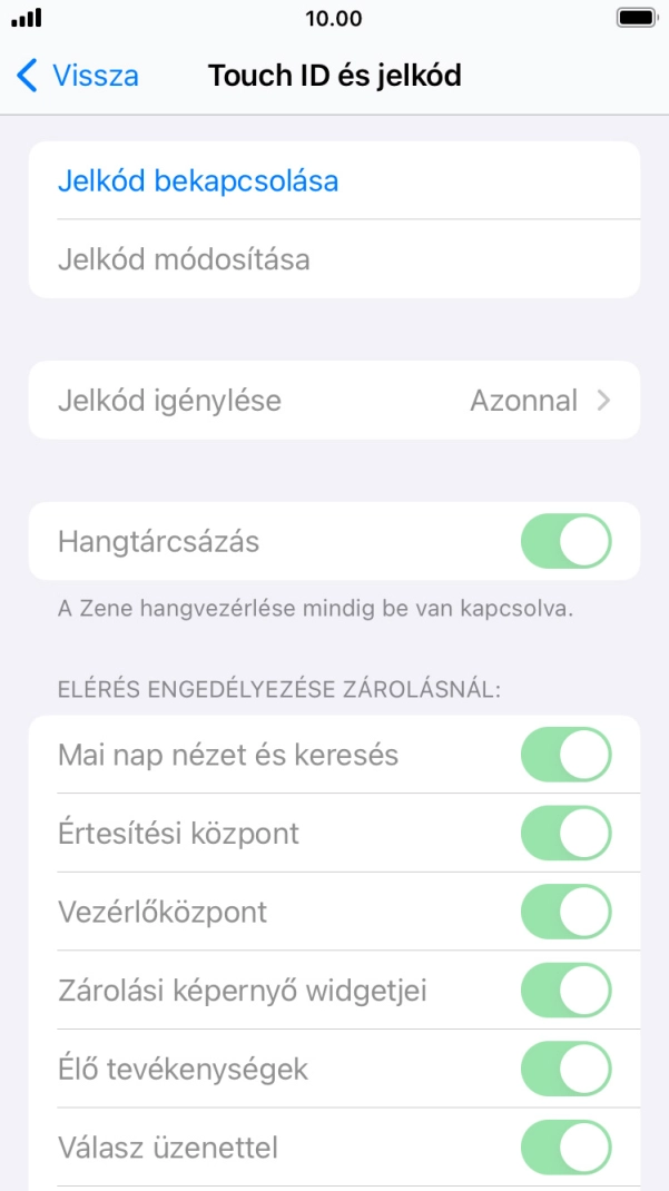 Válaszd a Jelkód bekapcsolása lehetőséget, és írj be kétszer egymás után egy tetszőleges képernyőzárkódot. Válaszd a Jelkód bekapcsolása lehetőséget, és írj be kétszer egymás után egy tetszőleges képernyőzárkódot.