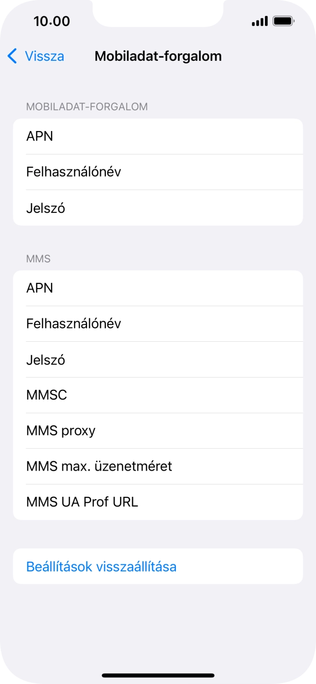 Válaszd az APN lehetőséget. Amennyiben előfizetésed van, írd be azt, hogy mms.