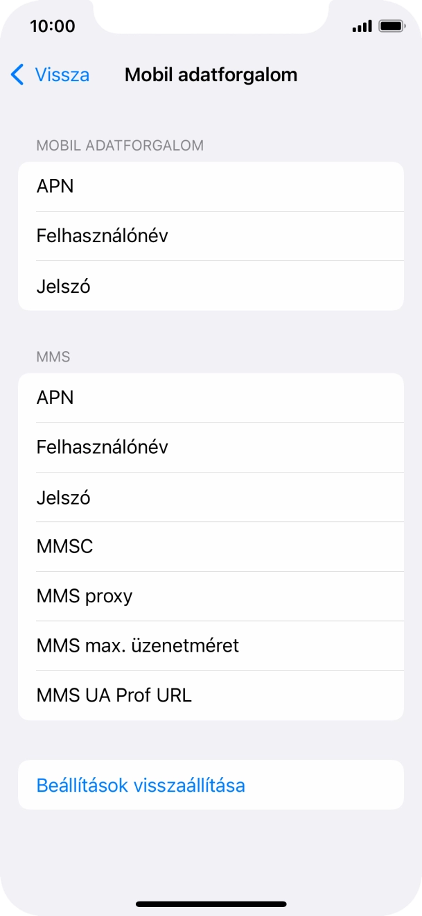 Válaszd az APN lehetőséget. Amennyiben előfizetésed van, írd be azt, hogy mms.