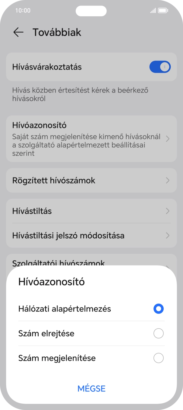 Válaszd a Szám megjelenítése lehetőséget a hívószámküldés bekapcsolásához.
