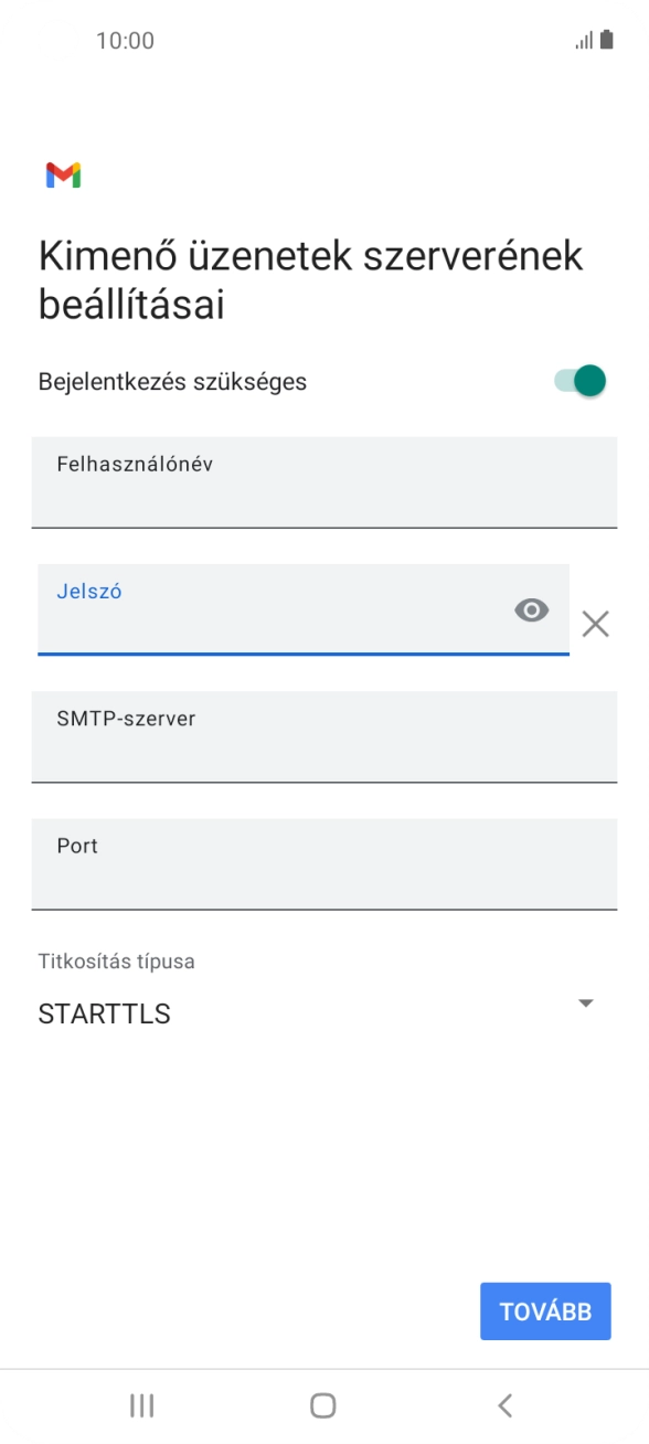 Kattints az „SMTP-szerver” alatti mezőre, és írd be az e-mail szolgáltatód kimenő szerverének a nevét.