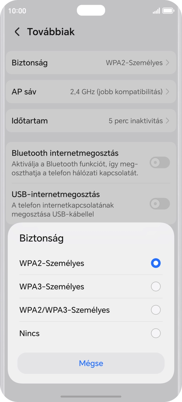 Válaszd a WPA3-Személyes lehetőséget, ha jelszóval szeretnéd védeni a Wi-Fi-hotspotodat. Válaszd a WPA3-Személyes lehetőséget, ha jelszóval szeretnéd védeni a Wi-Fi-hotspotodat.