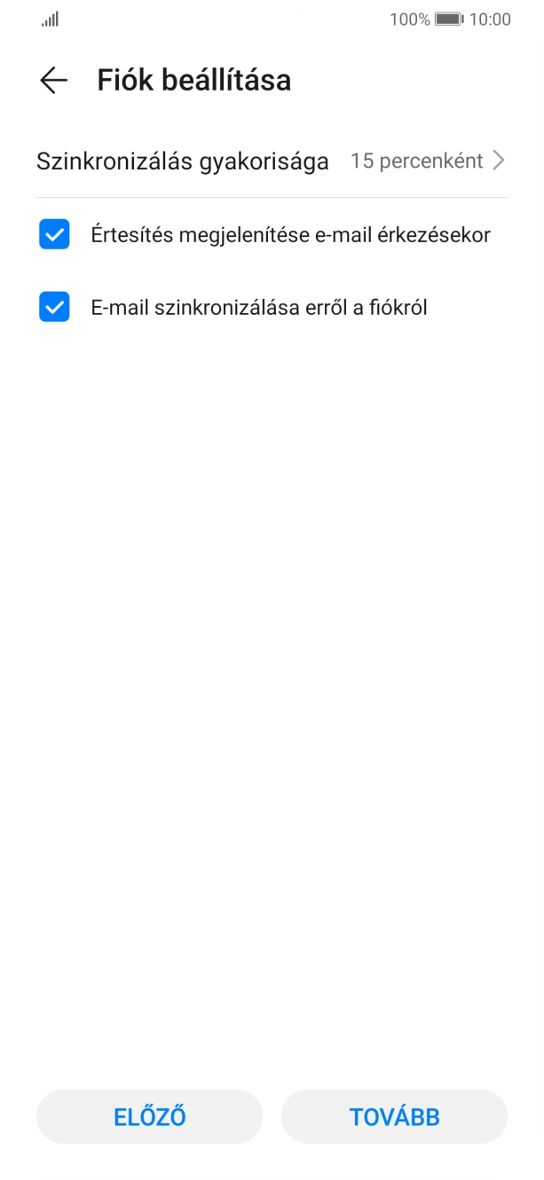 Amennyiben a kijelzőn ez a képernyőkép látható, az e-mail-fiókodat felismerte a rendszer, és automatikusan beállította. Kövesd a képernyőn megjelenő utasításokat  további adatok csatolásához, és fejezd be az új fiók létrehozását.