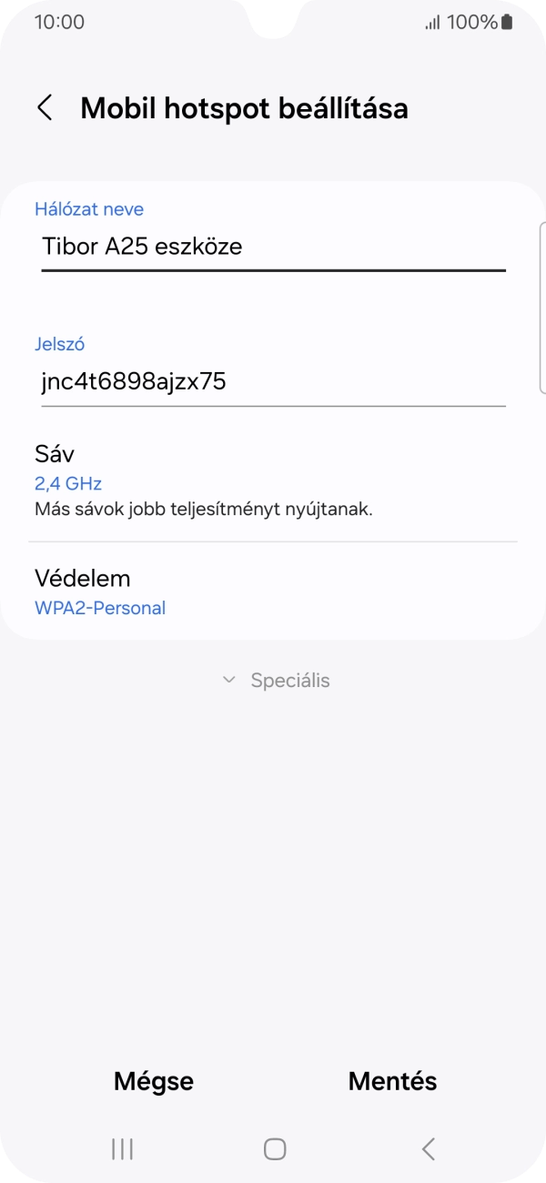 Kattints a „Hálózat neve” alatti mezőre, és írd be a Wi-Fi hotspot kívánt nevét.